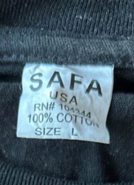 RN 104344 SAFA t-shirt tag