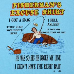 Vintage 1980s Fishermans Excuse Light Blue Novelty T Shirt L