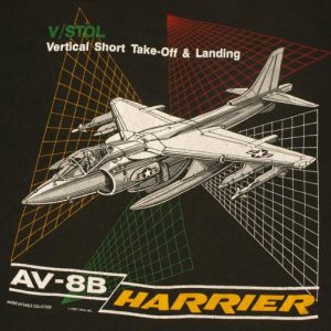 Vintage 1980s Harrier Jet AV-8B V/STOL US Military T-Shirt