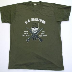 Vintage 1980s US MARINES Skull Twin Guns Shirt