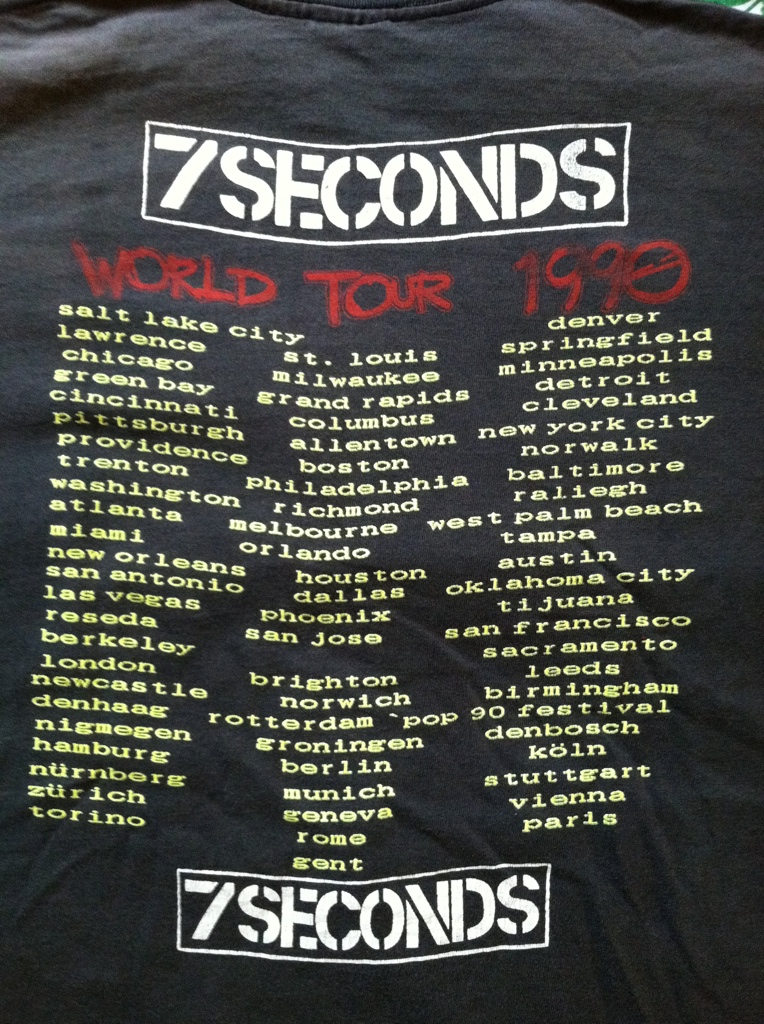 Vintage 7 Seconds 1990 World Tour shirt tee