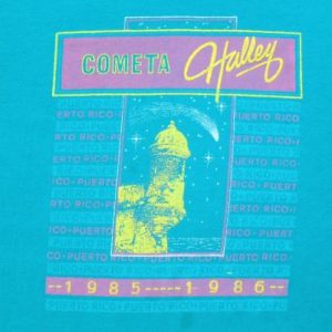 Vintage 1986 Halleys Comet Puerto Rico Aqua Blue T-Shirt S/L