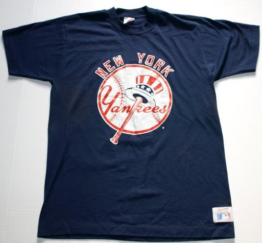 1970s 1980s New York Yankees old logo midriff t-shirt soft tri-blend  Russell brown tag - BIDSTITCH