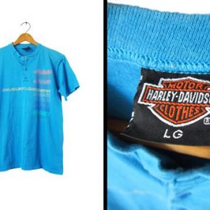 Vintage Harley Davidson Surf T-shirt Half Button Blue 90s