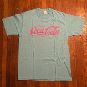 Vintage 1980's Coke Coca Cola pink on baby blue t-shirt