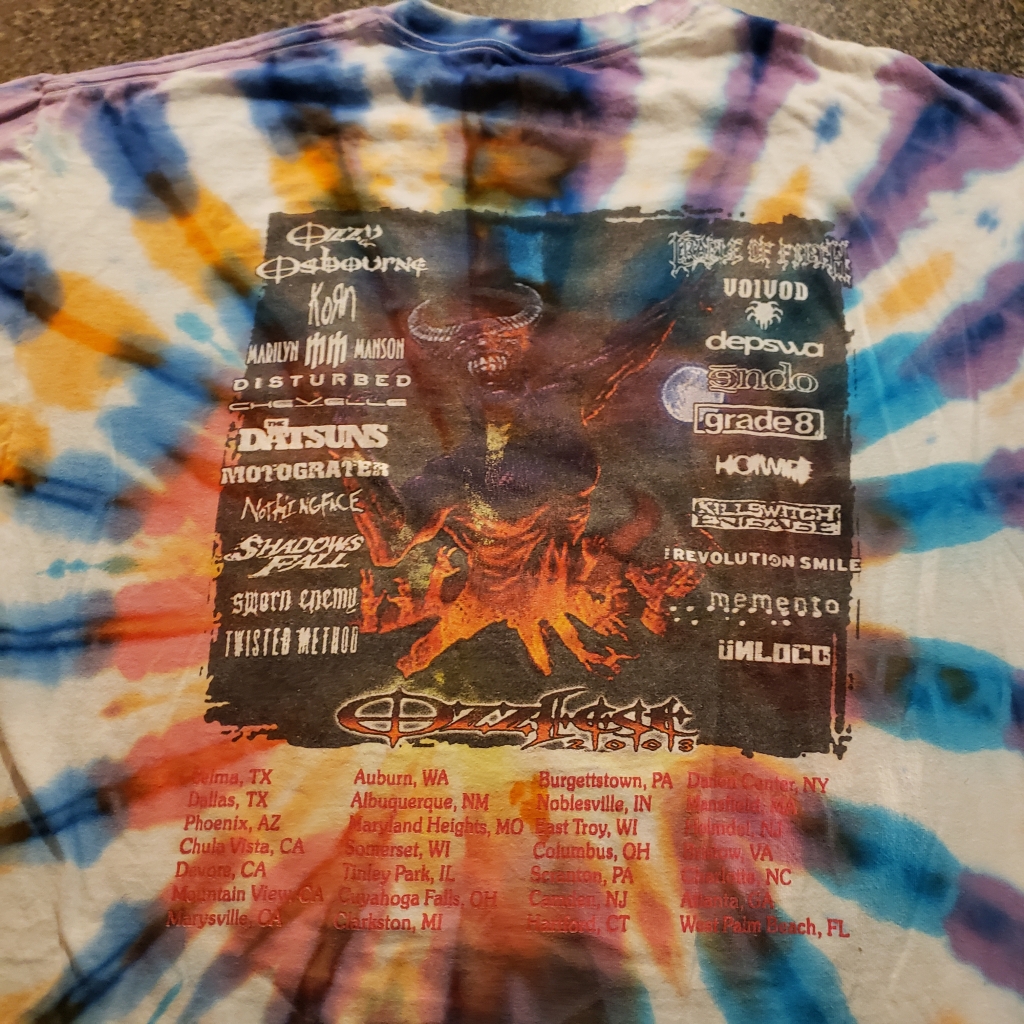 vintage ozzfest 2003 tie dye korn, disturbed, shadows fall, twisted method, grade 8, datsuns, nothingface, marilyn manson, sworn enemy, voivod, memento 