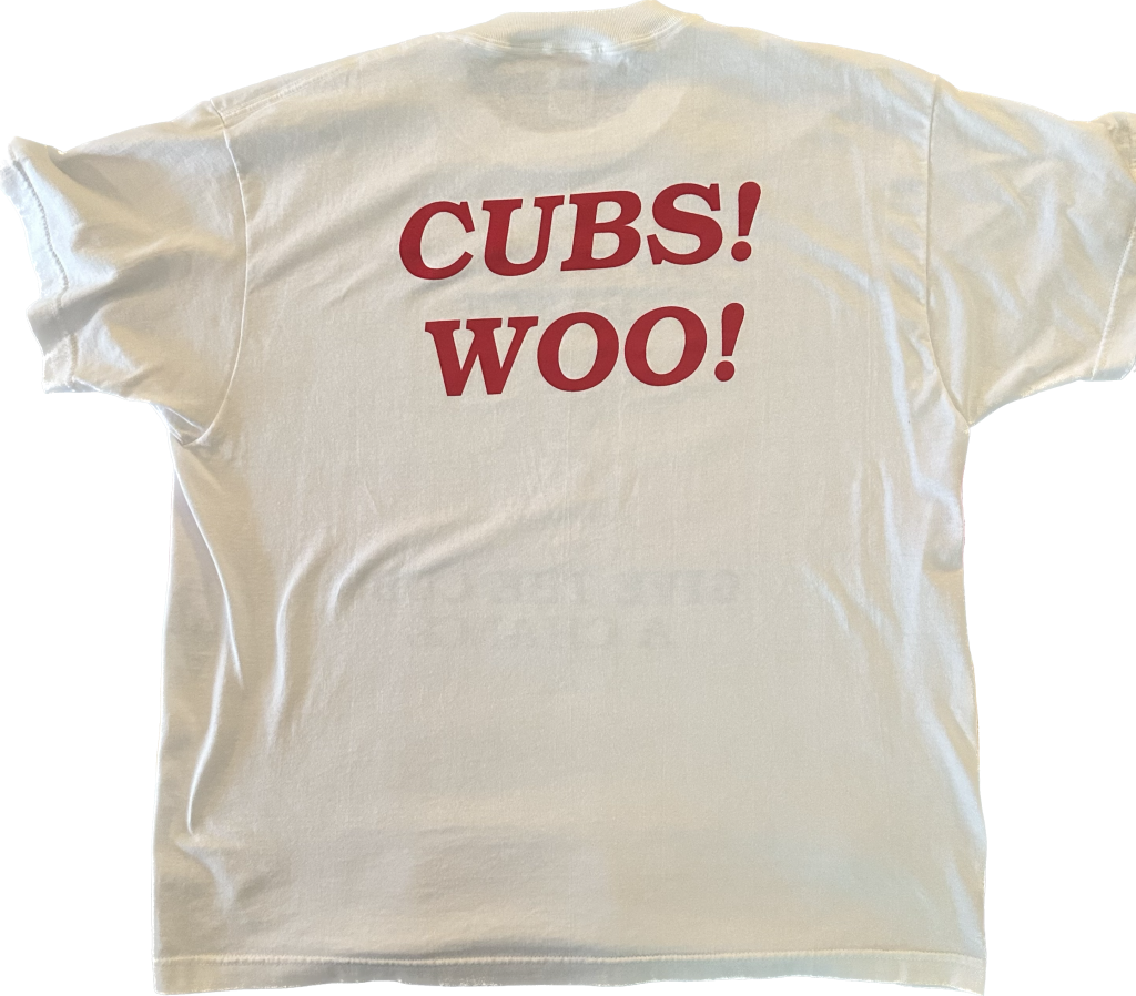 Back graphic of the classic Do a Little Dance, Give the Cubs a Chance t-shirt from 2002