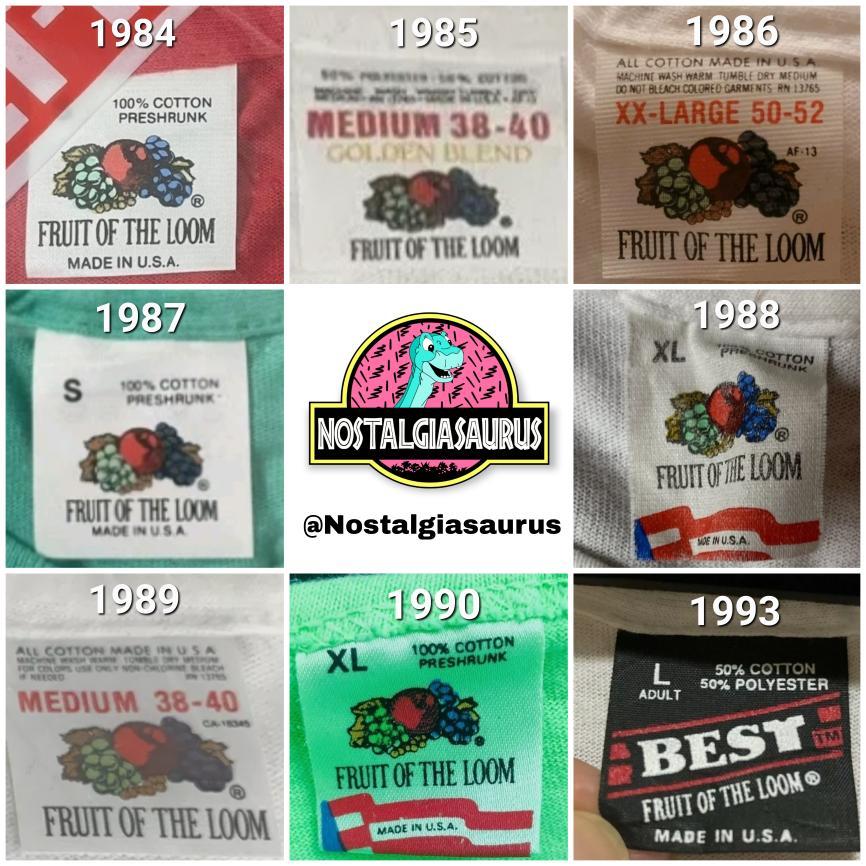 vintage fruit of the loom tags 1984 to 1993