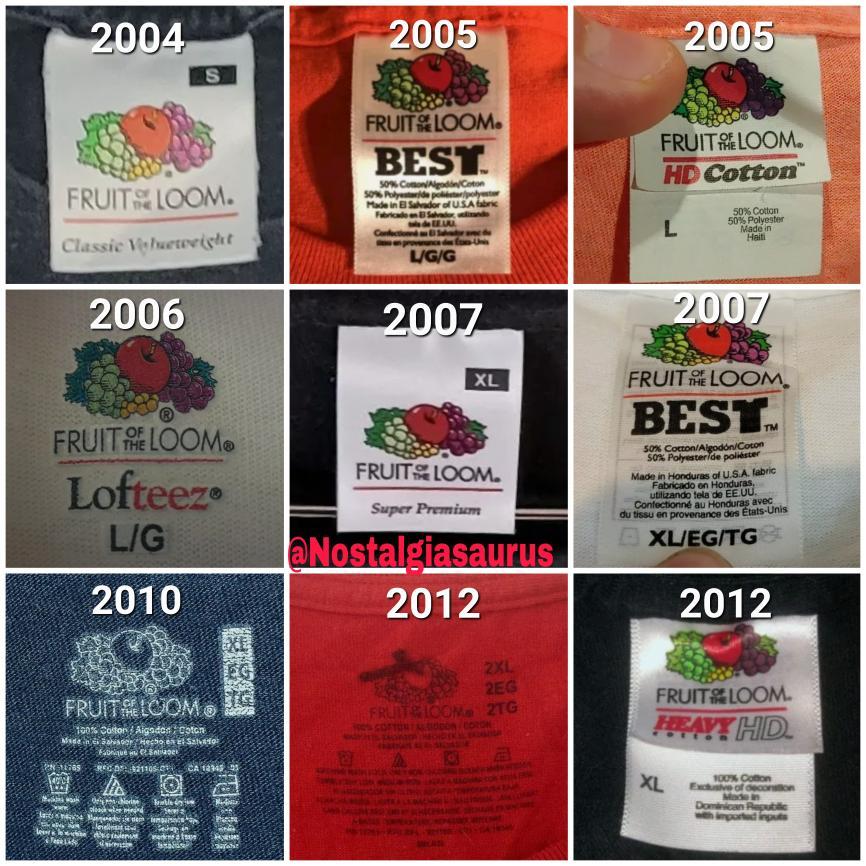 vintage fruit of the loom t-shirt tags 2004 to 2012