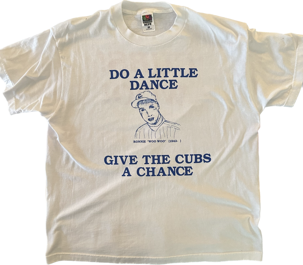 Front graphic of the classic Do a Little Dance, Give the Cubs a Chance t-shirt from 2002