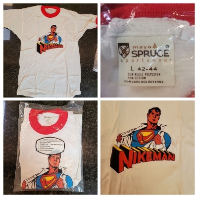 Vintage Mayo Spruce "Nikeman" Superman T-shirt, Never Worn. Original Packaging